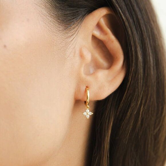 Dainty Crystal Flower Charm Hoop Earrings in Gold - Picture 2 of 13